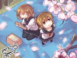 Rule 34 | 10s, 2girls, black legwear, blanket, blush stickers, brown eyes, brown hair, cherry blossoms, commentary request, darkside, fang, folded ponytail, food, from above, hanami, ikazuchi (kancolle), inazuma (kancolle), kantai collection, looking up, multiple girls, neckerchief, open mouth, picnic, school uniform, seiza, serafuku, short hair, sitting, spring (season), standing, tree