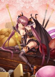 Rule 34 | 1girl, bad id, bad pixiv id, bare shoulders, black thighhighs, blush, cake, cake slice, demon girl, elbow gloves, food, fruit, gloves, highres, holding, horns, long hair, looking at viewer, mini person, minigirl, nakasaki hydra, nakasakihydra, original, oversized object, panties, pantyshot, pink hair, pocky, pointy ears, ribbon, sitting, skirt, solo, strawberry, thigh strap, thighhighs, twintails, underwear, upskirt, very long hair, white panties, yellow eyes