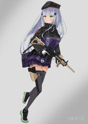 Rule 34 | 1girl, absurdres, assault rifle, bag, beret, black thighhighs, blue hair, blush, breasts, character name, checkered clothes, checkered skirt, closed mouth, girls&#039; frontline, gloves, green eyes, grey background, gun, h&amp;k hk416, hat, highres, hk416 (girls&#039; frontline), holding, holding weapon, holstered, long hair, looking away, lows., rifle, shoes, skirt, solo, standing, thighhighs, uniform, weapon, white gloves