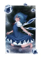 Rule 34 | 1girl, absurdres, barefoot, blue bow, blue dress, blue eyes, blue hair, bluecup, blush, border, bow, cirno, dress, hair bow, highres, holding clothes, holding dress, ice, ice wings, kneeling, looking at viewer, outside border, puffy short sleeves, puffy sleeves, red ribbon, ribbon, shadow, short hair, short sleeves, solo, touhou, white border, wings