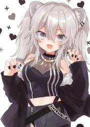 Rule 34 | 1girl, :d, absurdres, animal ears, bad id, bad pixiv id, big hair, black nails, blush, breasts, claw pose, cleavage, fangs, fingernails, grey eyes, grey hair, grey skirt, hair between eyes, hair ornament, hairclip, hands up, highres, hololive, lion ears, looking at viewer, medium breasts, midriff, miniskirt, nail polish, navel, noi mine, open mouth, see-through, see-through cleavage, shishiro botan, shishiro botan (1st costume), skin fangs, skirt, smile, solo, virtual youtuber