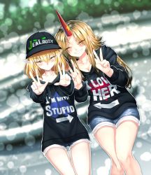 Rule 34 | 2girls, absurdres, alternate costume, arrow (symbol), baseball cap, black hoodie, blonde hair, blue shorts, blush, breasts, closed eyes, closed mouth, clothes writing, commentary, contemporary, double w, dutch angle, english text, eyes visible through hair, feet out of frame, green eyes, grin, hair between eyes, hat, hat writing, heart, heart print, highres, hood, hoodie, horns, hoshiguma yuugi, i&#039;m with stupid (meme), long hair, looking at viewer, medium breasts, medium hair, meme, mizuhashi parsee, multiple girls, pointy ears, shorts, single horn, smile, star (symbol), sunnysideup, touhou, w, yuri