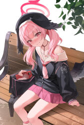 Rule 34 | 1girl, bag, bench, beret, black hat, black shirt, black wings, blue archive, blush, book, chiya (inae129), closed mouth, collarbone, feet out of frame, halo, hat, head wings, highres, holding, holding book, koharu (blue archive), long hair, long sleeves, looking at viewer, neckerchief, on bench, pink eyes, pink hair, pink neckerchief, pink skirt, pleated skirt, red halo, sailor collar, sailor shirt, shirt, sitting, skirt, socks, solo, twintails, white sailor collar, white socks, wings