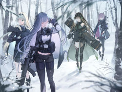 Rule 34 | 4girls, adjusting hair, ak-12, ak-12 (girls&#039; frontline), ammunition, ammunition belt, ammunition pouch, an-94, an-94 (girls&#039; frontline), ar-15, armband, assault rifle, bare tree, belt, black shorts, blonde hair, blue eyes, blurry, blurry foreground, braid, brown eyes, brown hair, closed eyes, closed mouth, commentary, defy (girls&#039; frontline), fingerless gloves, forest, french braid, full body, girls&#039; frontline, gloves, gun, tucking hair, hairband, half updo, hand up, highres, holding, holding gun, holding weapon, jacket, kalashnikov rifle, long hair, long sleeves, m4 carbine, m4a1 (girls&#039; frontline), m4a1 (mod3) (girls&#039; frontline), mod3 (girls&#039; frontline), mt (ringofive), multicolored hair, multiple girls, nature, outdoors, pink hair, pouch, revision, ribbon, rifle, scarf, scenery, scope, short shorts, shorts, side ponytail, sidelocks, silver hair, single thighhigh, sleeveless, smile, snow, snowing, st ar-15 (girls&#039; frontline), st ar-15 (mod3) (girls&#039; frontline), standing, strap, streaked hair, thigh strap, thighhighs, tree, trigger discipline, very long hair, walking, weapon, winter