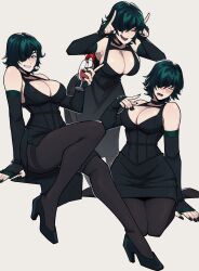 Rule 34 | 1girl, absurdres, aneurysm ax, black dress, black footwear, black nails, breasts, chainsaw man, cleavage, corset, cup, detached sleeves, dress, drinking glass, eyepatch, horns pose, green hair, grin, high heels, highres, himeno (chainsaw man), horns pose, index fingers raised, kneeling, large breasts, leaning forward, open mouth, pantyhose, saliva, short hair, smile, solo, underbust, white background, wine glass
