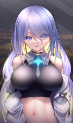 Rule 34 | 1girl, bare shoulders, blonde hair, breasts, brooch, colored inner hair, crop top, hair between eyes, highres, hololive, hololive indonesia, jewelry, large breasts, long bangs, long hair, looking at viewer, moona hoshinova, multicolored hair, navel, open clothes, open mouth, open shirt, purple eyes, purple hair, rryiup, shirt, solo, stomach, swept bangs, tsurime, two-tone hair, upper body, virtual youtuber, white shirt