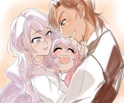 Rule 34 | 1boy, 2girls, aged down, ahoge, bad id, bad twitter id, blush, brown eyes, brown hair, closed eyes, collared shirt, facial hair, family, father and daughter, goatee, grin, group hug, hair ornament, hair scrunchie, hug, light purple hair, lipstick, long hair, looking at another, makeup, mother and daughter, multiple girls, open mouth, pink scrunchie, pink shirt, purple eyes, ramenko (pasta nya), scrunchie, senki zesshou symphogear, shirt, simple background, sleeveless, sleeveless jacket, smile, sonnet m. yukine, teeth, twintails, upper body, white shirt, yukine chris, yukine masanori