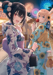 Rule 34 | aerial fireworks, bag, black hair, blonde hair, blue eyes, blue flower, blue kimono, brown eyes, candy apple, commentary request, fireworks, floral print kimono, flower, food, hair flower, hair ornament, hairclip, highres, holding, holding bag, hyuuga azuri, japanese clothes, kimono, multiple girls, night, original, print kimono, summer festival, sunflower, tree, white flower, white kimono, yukata