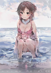 Rule 34 | 1girl, 3:, absurdres, anmi, bare shoulders, beach, bikini, blush, breasts, brown hair, closed mouth, day, frilled bikini, frills, hair between eyes, highres, horizon, looking at viewer, medium breasts, one side up, open clothes, open shirt, original, outdoors, purple bikini, purple eyes, shirt, smile, soaking feet, solo, squatting, swimsuit, tsurime, unfinished, wading, white shirt