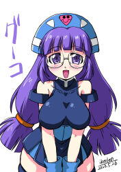 Rule 34 | 1girl, blush, breasts, dated, glasses, gloves, gluko, ikeden, large breasts, looking at viewer, mon colle knights, purple hair, rokumon tengai mon colle knight, solo, tagme