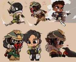 + +, 1girl, 1other, 2boys, ambiguous gender, apex legends, bangalore (apex legends), beige background, bird, black eyes, black gloves, black headwear, bloodhound (apex legends), brown eyes, cable, chibi, clenched hands, clenched teeth, cropped vest, crow, crypto (apex legends), dark skin, dark skinned female, fingerless gloves, gloves, goggles, green sleeves, green vest, handheld game console, heart, helmet, highres, holding, holding grenade, holding handheld game console, jacket, looking down, mask, mechanical legs, mouth mask, multiple boys, multiple views, nintendo switch, octane (apex legends), open hand, otezo, petting, running, syringe in head, teeth, tongue, tongue out, vest, white jacket