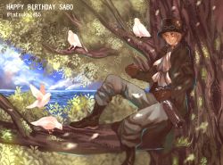Rule 34 | 1boy, alcohol, ascot, bird, birthday, black hat, blonde hair, boots, bottle, dove, gloves, goggles, goggles on headwear, hat, in tree, male focus, ocean, one piece, outdoors, sabo (one piece), sake, scar, sitting, smile, solo, top hat, tree, white ascot, white bird