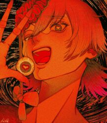 Rule 34 | 1girl, artist name, chainsaw man, cosmo (chainsaw man), dangling eye, exposed brain, hair ribbon, heart, heart-shaped pupils, highres, looking at viewer, open mouth, orange theme, ribbon, shekisheki15, short hair, short twintails, signature, smile, solo, symbol-shaped pupils, twintails