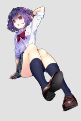 Rule 34 | 1girl, :o, arm at side, arm support, arm up, blue socks, blush, bow, bowtie, brown footwear, collared shirt, dress shirt, eyebrows, foreshortening, from below, fujiya takao, full body, grey background, grey skirt, hand on own head, highres, kneehighs, loafers, long sleeves, looking at viewer, miniskirt, original, plaid, plaid skirt, purple eyes, purple hair, red bow, red bowtie, school uniform, shade, shirt, shoe soles, shoes, short hair, simple background, sitting, skirt, sleeves rolled up, socks, solo, striped clothes, striped socks, vertical-striped clothes, vertical-striped socks, white shirt, wing collar, wristband