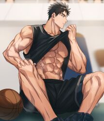 Rule 34 | 1boy, abs, ankle socks, ball, bara, bare pectorals, basketball (object), black hair, black socks, black tank top, blue eyes, clothes lift, domo (domo kizusuki), full body, highres, large pectorals, lifted by self, looking to the side, male focus, muscular, muscular male, navel, nipples, original, pectorals, profile, shido (domo), shirt lift, short hair, sideburns, sitting, socks, solo, steam, steaming body, sweat, tank top, thick eyebrows, veins