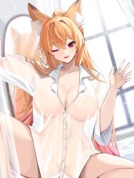 Rule 34 | 1girl, absurdres, animal ear fluff, animal ears, arm behind back, breasts, buttons, collarbone, commission, ellin meiji, fox ears, gradient hair, groin, hand up, highres, jacket, large breasts, light particles, long hair, long sleeves, looking at viewer, mindoll, mirror, multicolored hair, naked shirt, one eye closed, open hand, open mouth, orange hair, original, pink hair, ponytail, red eyes, reflection, see-through, see-through shirt, shirt, sitting, solo, streaked hair, waving, wavy hair, white jacket, white shirt, wide sleeves, window