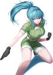 Rule 34 | 1girl, black gloves, blue eyes, blue hair, blush, clenched hand, closed mouth, earrings, fighting stance, gloves, green shirt, green shorts, hair between eyes, high ponytail, highres, jewelry, leona heidern, long hair, midriff, navel, ponytail, shirt, short sleeves, shorts, simple background, sleeves rolled up, snk, solo, suspender shorts, suspenders, the king of fighters, thighs, triangle earrings, user tgcc2237