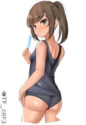 Rule 34 | 1girl, ass, back, blue one-piece swimsuit, breasts, brown eyes, brown hair, food, i-401 (kancolle), kantai collection, looking at viewer, one-piece swimsuit, one-piece tan, ponytail, popsicle, school swimsuit, short ponytail, small breasts, solo, swimsuit, tan, tanline, tf cafe, twitter username, white background