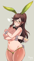 Rule 34 | 1girl, animal ears, artist name, asymmetrical legwear, blush, bow, bowtie, breasts, brown hair, constantia s2, covering nipples, covering privates, cup, detached collar, green eyes, grey background, heart, heart maebari, highres, large breasts, last origin, leotard, looking at viewer, maebari, meme attire, navel, pagong, playboy bunny, ponytail, rabbit ears, reverse bunnysuit, reverse outfit, round eyewear, simple background, smile, solo, sweatdrop, teacup, wrist cuffs