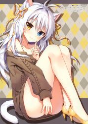 Rule 34 | 1girl, absurdres, ahoge, aina rive, animal ears, argyle, argyle background, argyle clothes, bare shoulders, blue eyes, bow, bowtie, cat ears, cat tail, collarbone, dress, finger to mouth, fingernails, hand up, heterochromia, high heels, highres, knees up, long sleeves, looking at viewer, mauve, original, ribbed sweater, scan, shushing, simple background, sitting, smile, solo, sunshine creation, sweater, sweater dress, tail, thighs, white hair, yellow eyes, yellow footwear