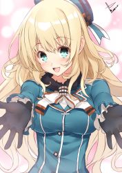 Rule 34 | 10s, 1girl, 2016, aqua eyes, atago (kancolle), black gloves, blush, breasts, dated, female focus, gloves, hat, incoming hug, kantai collection, large breasts, long hair, long sleeves, looking at viewer, military, military uniform, open mouth, outstretched arms, smile, solo, uniform, upper body, very long hair, yappen, yatsu (sasuraino)