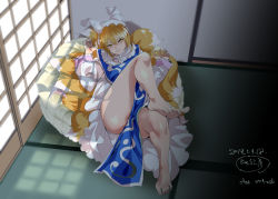 Rule 34 | 1girl, artist name, bare legs, barefoot, blonde hair, blush, clothes between thighs, commentary request, dark, dated, feet, fox tail, frilled sleeves, frills, hat, indoors, leg up, long sleeves, looking at viewer, lying, multiple tails, nyuu (manekin-eko), on back, open hands, short hair, sliding doors, smile, solo, tabard, tail, tatami, thighs, toenails, toes, touhou, yakumo ran, yellow eyes