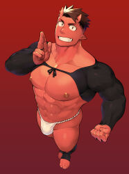 Rule 34 | 1boy, abs, bara, biceps, brown hair, colored skin, demon, demon boy, demon horns, fundoshi, highres, horns, japanese clothes, large pectorals, long sleeves, looking at viewer, male focus, male underwear, manly, mature male, muscular, muscular male, naop (anything), nipples, no pants, no shirt, original, pants, pectorals, pointy ears, red background, red eyes, red skin, simple background, smile, solo, spiked hair, teeth, thick arms, thick eyebrows, thick thighs, thighs, undercut, underwear