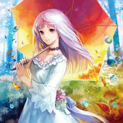 Rule 34 | 1girl, autumn leaves, bad id, bad pixiv id, blue eyes, cat, choker, clover, collarbone, day, dress, eyelashes, falling leaves, fingernails, flower, forest, from side, grass, green flower, holding, holding umbrella, leaf, light purple hair, long hair, looking at viewer, nature, original, siro (asteblanc), snowing, solo, tree, umbrella, water drop, white dress