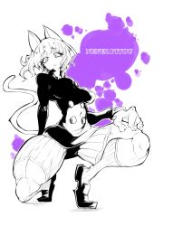 Rule 34 | 1other, :&lt;, animal ears, breasts, buttons, character name, closed mouth, eyelashes, full body, greyscale, highres, hunter x hunter, joints, large breasts, large hands, looking at viewer, monochrome, multicolored background, muscular, neferpitou, nomomono eraser, on one knee, shoes, short hair, shorts, simple background, solo, tail