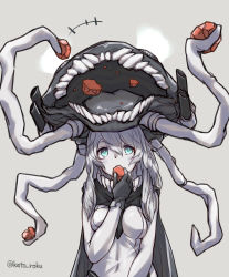 Rule 34 | +++, 10s, 1girl, abyssal ship, bauxite, bodysuit, breasts, cape, colored skin, eating, female focus, hat, headgear, kantai collection, katoroku, long hair, monster, open mouth, pale skin, silver hair, solo, teeth, tentacles, white skin, wo-class aircraft carrier