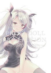Rule 34 | 1girl, :q, alternate costume, antenna hair, azur lane, between legs, black dress, black ribbon, black thighhighs, blush, breasts, china dress, chinese clothes, cleavage, cleavage cutout, clothing cutout, cover, dress, hair between eyes, hand between legs, highres, large breasts, long hair, looking at viewer, mole, mole on breast, multicolored hair, no panties, pelvic curtain, prinz eugen (azur lane), red hair, ribbon, rupe paperu, sidelocks, silver hair, sitting, solo, streaked hair, thighhighs, tongue, tongue out, two side up, very long hair