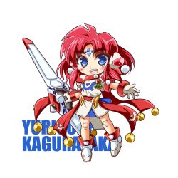 Rule 34 | 1990s (style), 1girl, :d, blue eyes, blush, character name, chibi, eyebrows, facial mark, forehead mark, full body, ginga ojou-sama densetsu yuna, gloves, highres, kubota (pixiv), open mouth, red hair, scarf, shoes, short hair, skirt, smile, solo, standing, thick eyebrows, weapon, white background, yuri cube