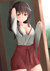 Rule 34 | 1girl, akagi (kancolle), arm up, bad id, bad pixiv id, bare shoulders, blush, breasts, brown eyes, brown hair, cleavage, female focus, hair between eyes, hakama, hakama short skirt, hakama skirt, half-closed eyes, hand in own hair, japanese clothes, kantai collection, large breasts, long hair, long sleeves, looking at viewer, ne an ito, no bra, open clothes, red hair, skirt, smile, solo, standing, tasuki