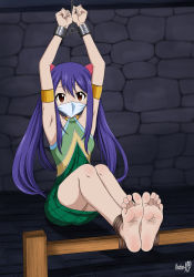 Rule 34 | 1girl, absurdres, armpits, barefoot, bdsm, blue hair, bondage, bound, bound ankles, bound wrists, breasts, brown eyes, chain, chained, chained wrists, cloth gag, fairy tail, feet, gag, gagged, highres, improvised gag, legs, over the nose gag, shadow xcp, soles, toes, wendy marvell