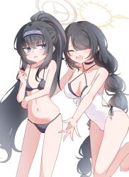 Rule 34 | 2girls, absurdres, barefoot, bikini, black bikini, black hair, blue archive, blue eyes, blue hairband, blush, breasts, brown halo, cleavage, closed eyes, commentary request, covered navel, hairband, halo, highres, hinata (blue archive), hinata (swimsuit) (blue archive), hottore kabitori, long hair, medium breasts, multiple girls, navel, official alternate costume, one-piece swimsuit, open mouth, ponytail, simple background, small breasts, swimsuit, ui (blue archive), very long hair, white background, white one-piece swimsuit, yellow halo