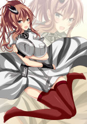Rule 34 | 1girl, anchor symbol, arm around waist, ayasato karen, bad id, bad pixiv id, bed sheet, blush, breasts, brown hair, dress, fingerless gloves, full body, garter straps, gloves, hair between eyes, hair ornament, highres, kantai collection, large breasts, neckerchief, open mouth, ponytail, red thighhighs, saratoga (kancolle), saratoga mk ii (kancolle), side ponytail, sitting, smile, smokestack, solo, thighhighs, wariza, white dress
