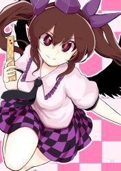 Rule 34 | 1girl, azumaya toushirou, bad id, bad pixiv id, bird wings, bright pupils, brown hair, cellphone, checkered background, checkered clothes, checkered skirt, commentary request, flip phone, frilled shirt collar, frills, hair ribbon, hat, highres, himekaidou hatate, holding, holding phone, miniskirt, necktie, outline, phone, pointy ears, puffy short sleeves, puffy sleeves, ribbon, short sleeves, skirt, smile, solo, tokin hat, touhou, twintails, wing collar, wings