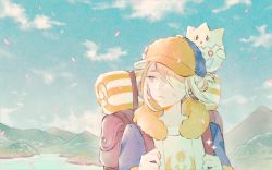 Rule 34 | 1boy, backpack, bag, blonde hair, blue jumpsuit, brown bag, cherry blossoms, closed mouth, cloud, commentary request, creatures (company), day, falling petals, game freak, gen 2 pokemon, grey eyes, hair over one eye, hat, hill, holding strap, jumpsuit, lake, male focus, nintendo, outdoors, petals, pokemon, pokemon (creature), pokemon legends: arceus, ryokuno green, short hair, sky, togepi, volo (pokemon), water