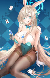 Rule 34 | 1girl, absurdres, ace (playing card), ace of hearts, alternate eye color, animal ears, aqua bow, aqua leotard, argyle, argyle background, argyle clothes, arm behind back, ash (cat7evy), asuna (blue archive), asuna (bunny) (blue archive), bare shoulders, blonde hair, blue archive, blue background, bow, bowtie, breasts, brown pantyhose, card, cleavage, collarbone, commentary, covered navel, detached collar, dot nose, fake animal ears, gloves, green eyes, grin, hair over one eye, hair ribbon, halo, heart, highleg, highleg leotard, highres, holding, huge breasts, knees together feet apart, leotard, long bangs, long hair, looking at viewer, mole, mole on breast, official alternate costume, pantyhose, parted bangs, playboy bunny, playing card, ribbon, sagging breasts, sitting, smile, solo, strapless, strapless leotard, thighs, two of diamonds, very long hair, white gloves