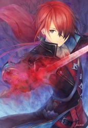 Rule 34 | 1boy, adol christin, bad id, bad pixiv id, black coat, coat, crimson king (ys), floating hair, grey neckwear, holding, holding sword, holding weapon, kanna (kanl0o0l), long hair, looking at viewer, male focus, ponytail, red hair, solo, standing, sword, weapon, ys, ys ix monstrum nox
