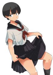 Rule 34 | 1girl, absurdres, black hair, black skirt, clothes lift, female focus, haida katsuretsu, highres, lifting own clothes, looking at viewer, original, pleated skirt, red neckwear, school uniform, short hair, simple background, skirt, skirt lift, socks, solo, thighs, white background