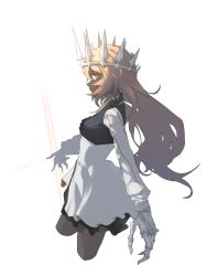 Rule 34 | 1girl, black rock shooter, black skin, blonde hair, breasts, bright pupils, chariot (black rock shooter), colored skin, commentary request, cropped legs, crown, dress, highres, litra (ltr0312), long hair, long sleeves, looking at viewer, looking to the side, red eyes, short dress, solo, standing, white dress