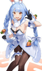 Rule 34 | 1girl, :d, absurdres, animal ear fluff, animal ears, black gloves, black pantyhose, blue hair, blush, braid, breasts, carrot hair ornament, cleavage, detached sleeves, don-chan (usada pekora), dress, feet out of frame, food-themed hair ornament, fur trim, gloves, hair ornament, highres, hololive, knees together feet apart, legband, long hair, looking at viewer, multicolored hair, open mouth, orange eyes, pantyhose, puffy short sleeves, puffy sleeves, rabbit-shaped pupils, rabbit ears, rabbit girl, revision, short sleeves, silver hair, simple background, small breasts, smile, solo, standing, star741, symbol-shaped pupils, thick eyebrows, twin braids, twintails, two-tone hair, usada pekora, v, very long hair, virtual youtuber, white background, white dress