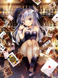 Rule 34 | 1girl, ace (playing card), ace of clubs, ace of hearts, akanbe, animal ears, bare shoulders, black footwear, black leotard, blush, bottle, breasts, card, club (shape), collar, commentary request, detached collar, diamond (shape), eyelid pull, fake animal ears, fingernails, fishnet pantyhose, fishnets, grey hair, hair between eyes, hair ornament, hand up, head tilt, heart, high heels, highres, jack (playing card), jack of spades, king (playing card), king of diamonds, kohaku muro, leotard, long hair, medium breasts, original, pantyhose, playboy bunny, playing card, queen (playing card), queen of hearts (playing card), rabbit ears, rabbit girl, shoe soles, shoes, sitting, solo, spade (shape), stiletto heels, strapless, strapless leotard, tongue, tongue out, two side up, very long hair, white collar, wrist cuffs