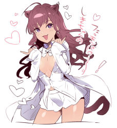 Rule 34 | 1girl, :3, animal ears, atozeraso, blush, breasts, breasts squeezed together, brown hair, cat ears, cat girl, cat tail, commentary, contrapposto, cowboy shot, cropped legs, fingernails, hands up, heart, ichinose shiki, idolmaster, idolmaster cinderella girls, index finger raised, large breasts, leaning forward, light blush, long hair, long sleeves, looking at viewer, no bra, open mouth, sketch, sleeves past wrists, solo, standing, tail, translated, unbuttoned