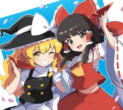Rule 34 | 2girls, :d, ;d, ascot, black eyes, black hair, black headwear, black vest, blonde hair, bow, braid, buttons, cup, detached sleeves, grin, hair bow, hair tubes, hakurei reimu, hat, hat bow, highres, holding, holding cup, kirisame marisa, looking at viewer, miz (mizillustration), multiple girls, navel, one eye closed, open mouth, petals, red bow, red shirt, red skirt, ribbon-trimmed sleeves, ribbon trim, sakazuki, shirt, side braid, sidelocks, single braid, skirt, smile, touhou, vest, white bow, white shirt, wide sleeves, witch hat, yellow ascot, yellow eyes