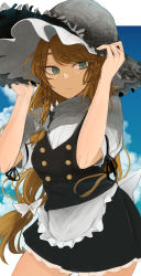 Rule 34 | 1girl, absurdres, apron, arm ribbon, arms up, black dress, black hat, black ribbon, black vest, blonde hair, bow, braid, buttons, closed mouth, cloud, dress, dress bow, frilled dress, frilled hat, frills, green eyes, hair bow, hat, highres, holding, holding clothes, holding hat, kirisame marisa, long hair, looking to the side, necro (nekurodayo), outdoors, ribbon, shirt, short sleeves, single braid, sky, solo, straw hat, touhou, upper body, vest, waist apron, white bow, white frills, white shirt, white sleeves