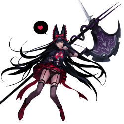 Rule 34 | 10s, 1girl, akcho, animal ears, black hair, black panties, black thighhighs, blunt bangs, bow, closed mouth, finger to mouth, full body, garter belt, garter straps, gate - jieitai ka no chi nite kaku tatakaeri, gothic lolita, hair bow, hair ribbon, halberd, heart, highres, hime cut, lolita fashion, long hair, looking at viewer, panties, polearm, realistic, red bow, red eyes, ribbon, rory mercury, smile, solo, speech bubble, spoken heart, stomach, thighhighs, tongue, tongue out, underwear, weapon, white background