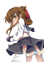 Rule 34 | 10s, 1girl, admiral (kancolle), ass, ass grab, blue panties, blush, brown eyes, brown hair, folded ponytail, from behind, inazuma (kancolle), kantai collection, looking back, open mouth, panties, pantyshot, personification, rougetsu (eclipse), sleeves past wrists, solo focus, tears, underwear