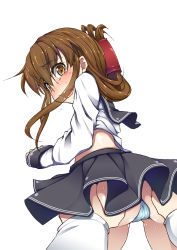 10s 1girl admiral_(kancolle) ass ass_grab blue_panties blush brown_eyes brown_hair folded_ponytail from_behind inazuma_(kancolle) kantai_collection long_sleeves looking_back open_mouth panties pantyshot personification rougetsu_(eclipse) sleeves_past_wrists solo_focus tears underwear